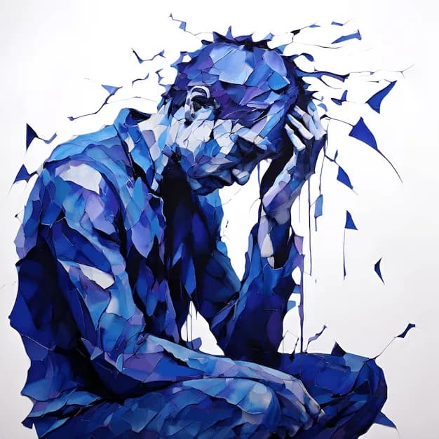 Painting in shades of blue of a person sitting with their head resting in one hand, the figure breaking into loose shards.