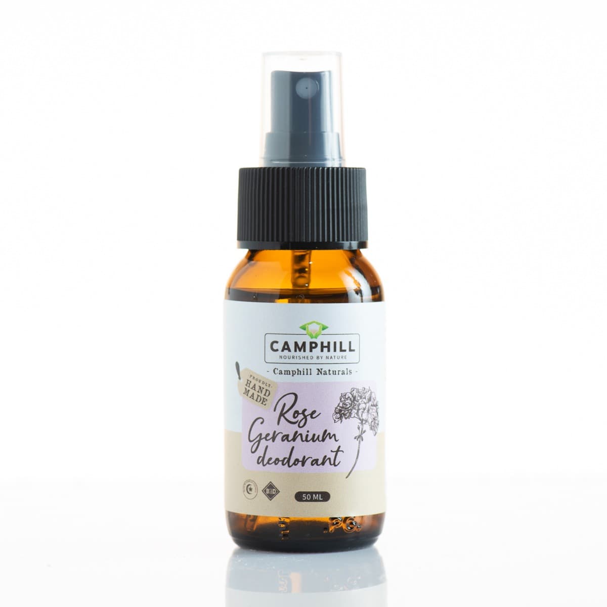 A 50ml amber spray bottle of Camphill Rose Geranium deodorant.