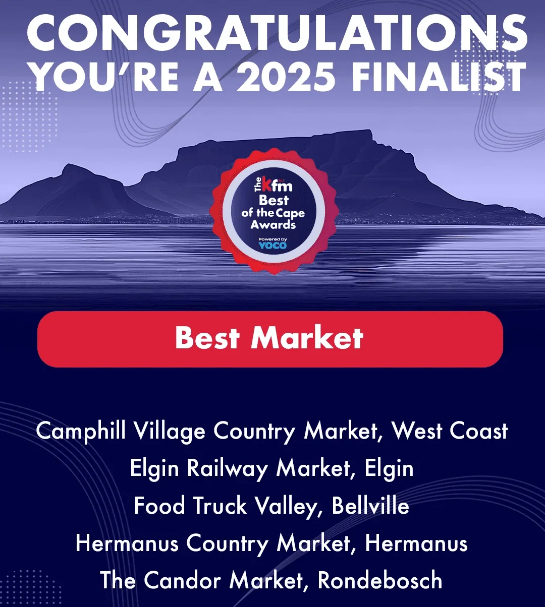 KFM Best of the Cape Awards graphic listing the Best Market nominees, with Camphill Village Country Market among them.
