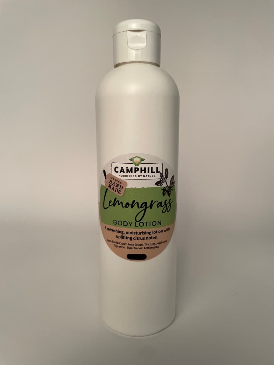 A 250g white bottle of Camphill Lemongrass Body Lotion.