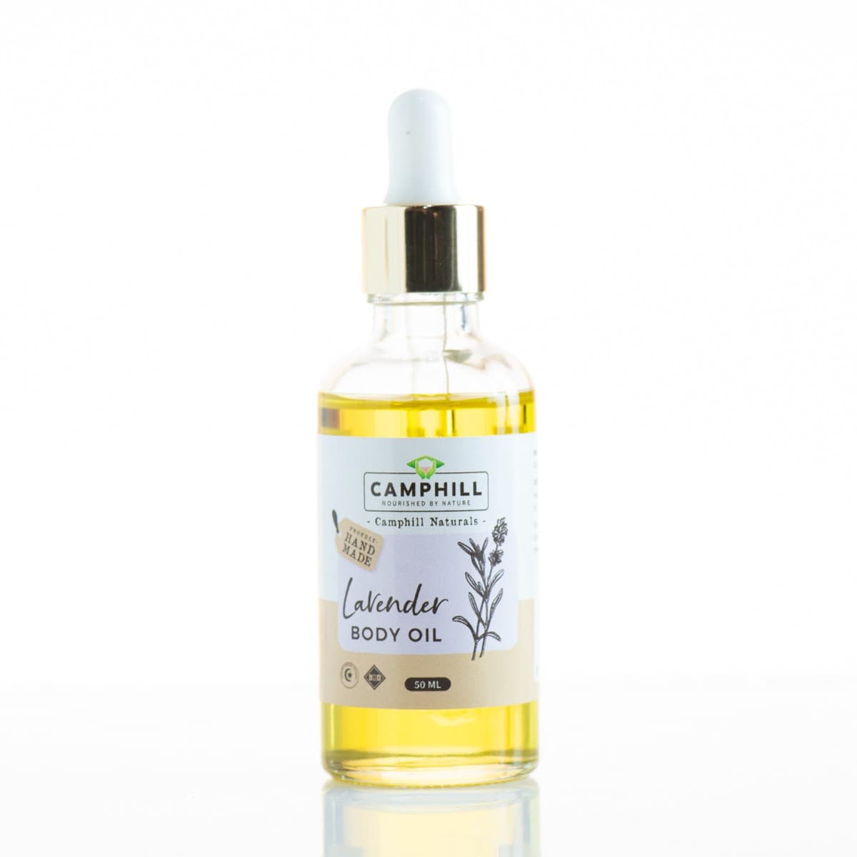 A 50ml glass dropper bottle of Camphill Lavender Body Oil.