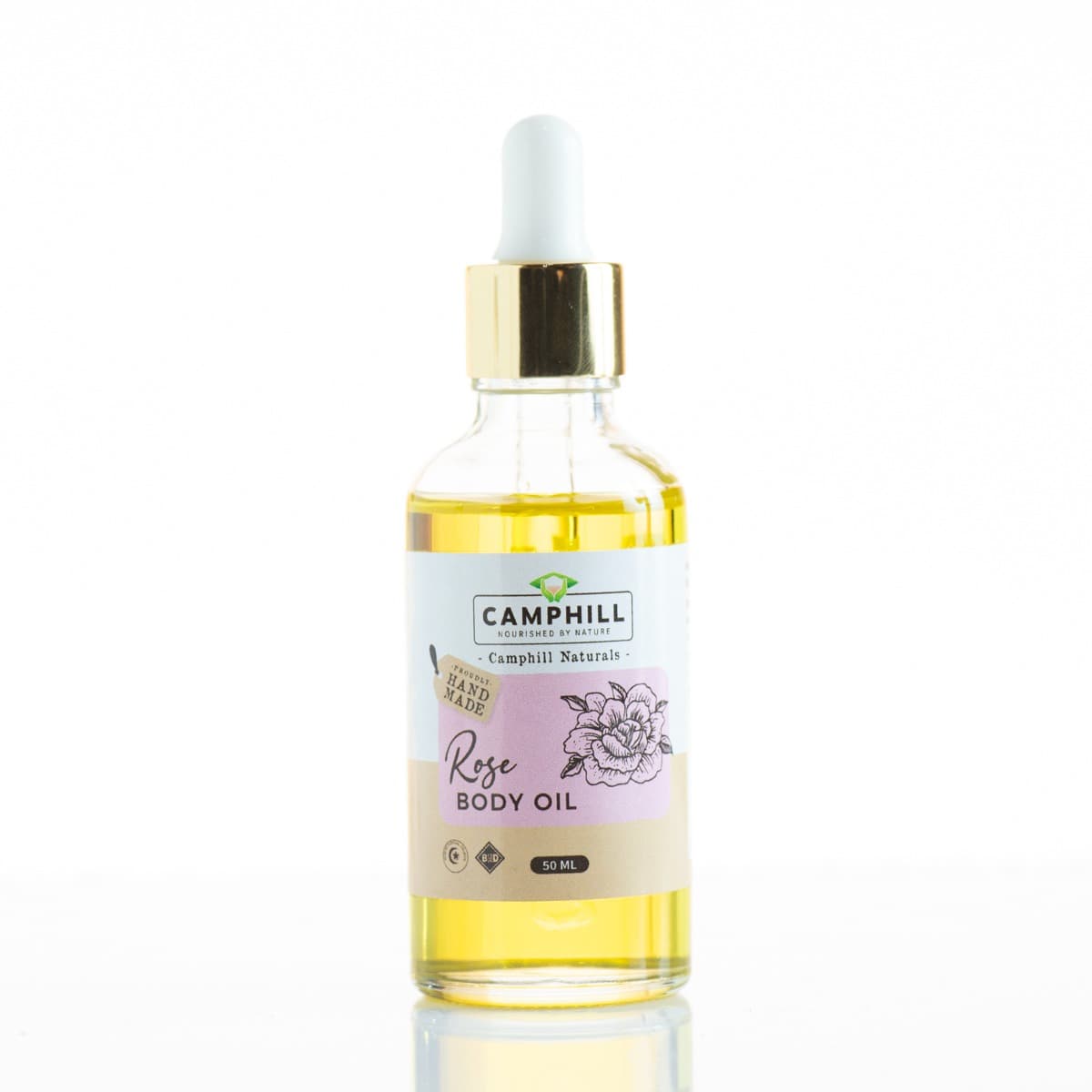A 50ml glass dropper bottle of Camphill Rose Body Oil.