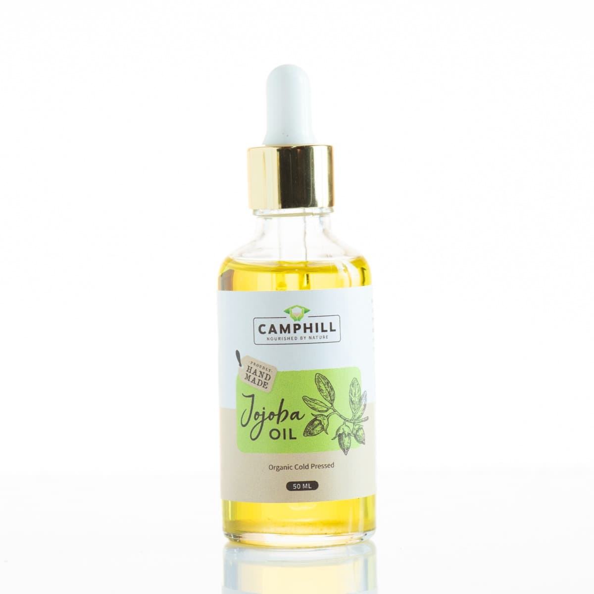A 50ml glass dropper bottle of Camphill organic cold pressed Jojoba Oil.
